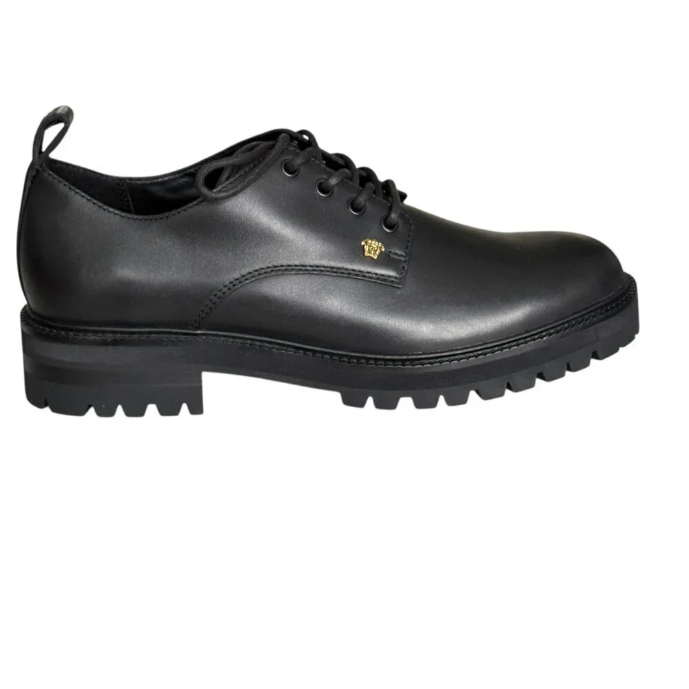 Versace 1014646 Men's Black 100% Leather Small Gold‎ Logo Medusa Derby Shoes, 44